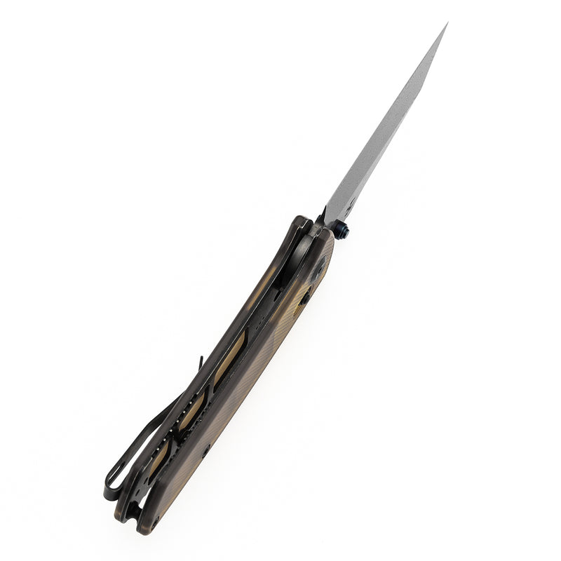 Kansept Main Street T1015V12 Damascus Blade Amber PEI/Ultem Handle Crossbar Lock Folding Knives