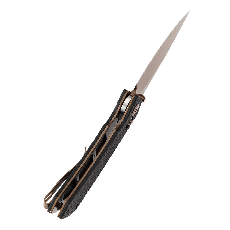 Tenable Knives Fenrir T1034V8 Rose Gold Coated Nitro-V Blade Black G10 Handle Cross Bar Lock