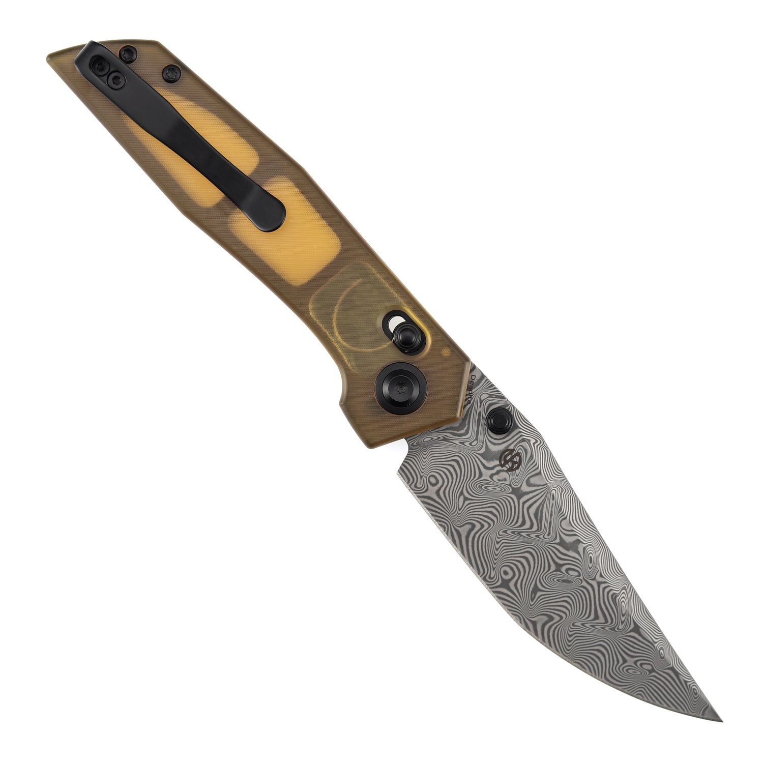 Tenable Deadite B1081V4 Water Ripple Damascus Blade Amber PEI Handle Crossbar Lock Folding Knife