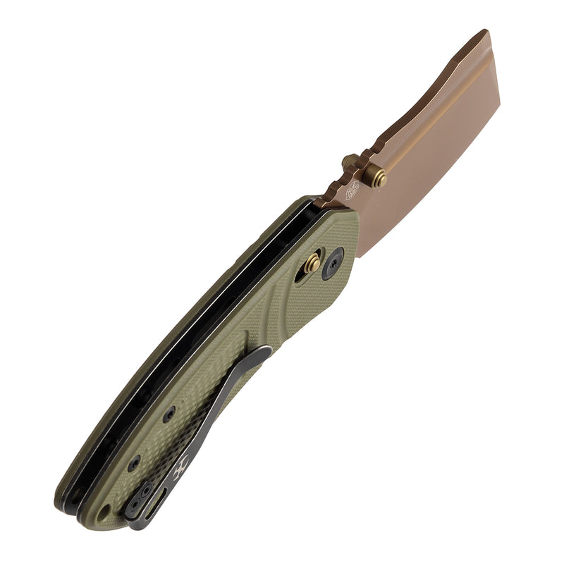 Kansept Korvid V TE2030V2 Rose Gold Coated D2 Blade Olive Green G10 Handle Crossbar Lock Folding Knife