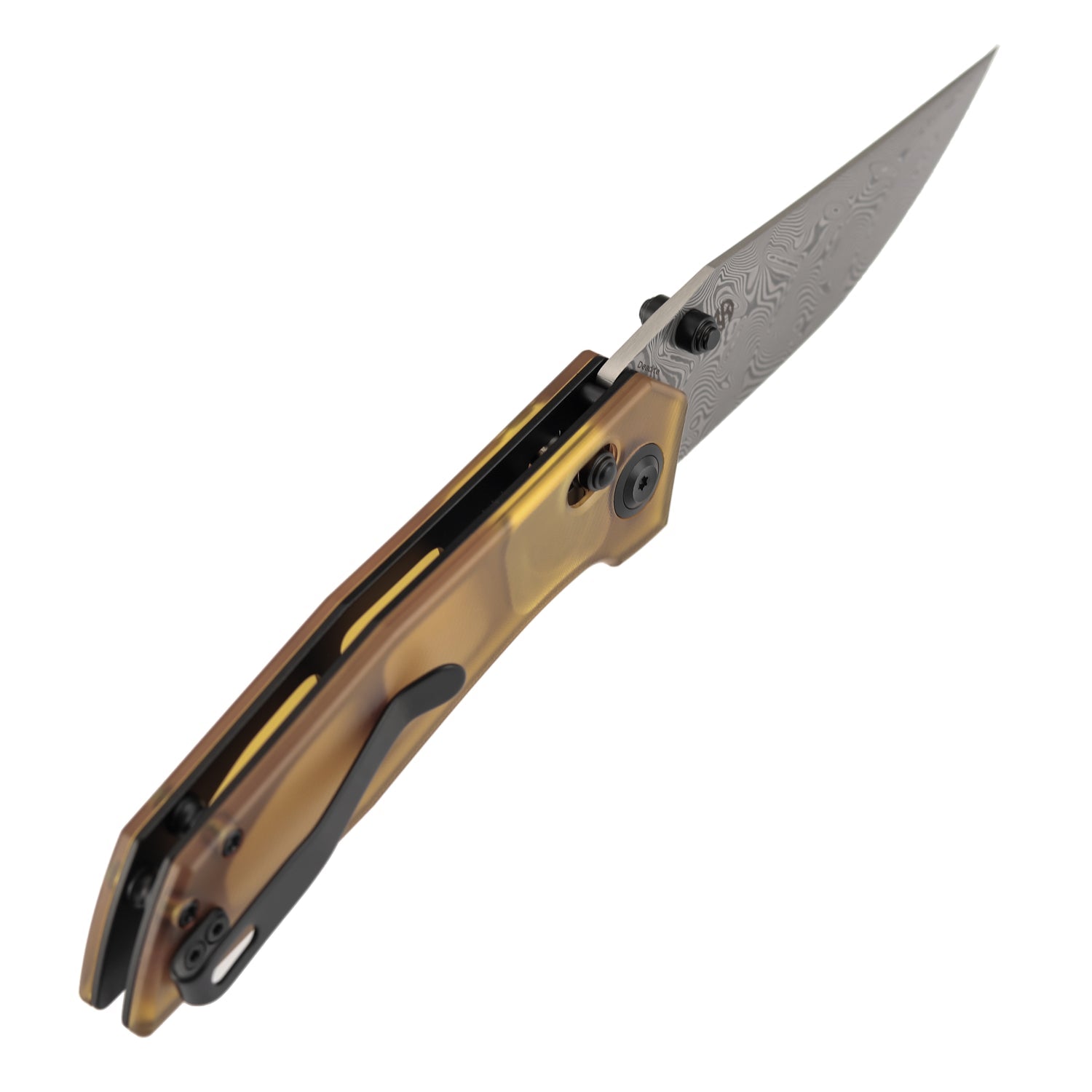 Tenable Deadite B1081V4 Water Ripple Damascus Blade Amber PEI Handle Crossbar Lock Folding Knife