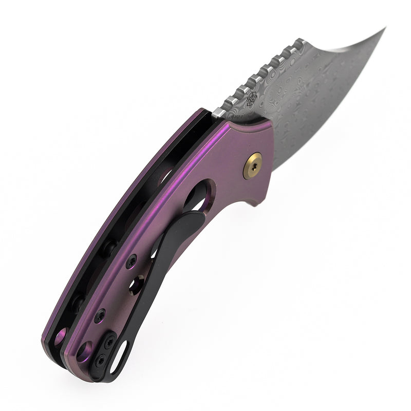 Kansept Wasp T2144F6 Acid Etched Damascus Blade Purple Anodized Titanium Handle Button Lock Folding Knife