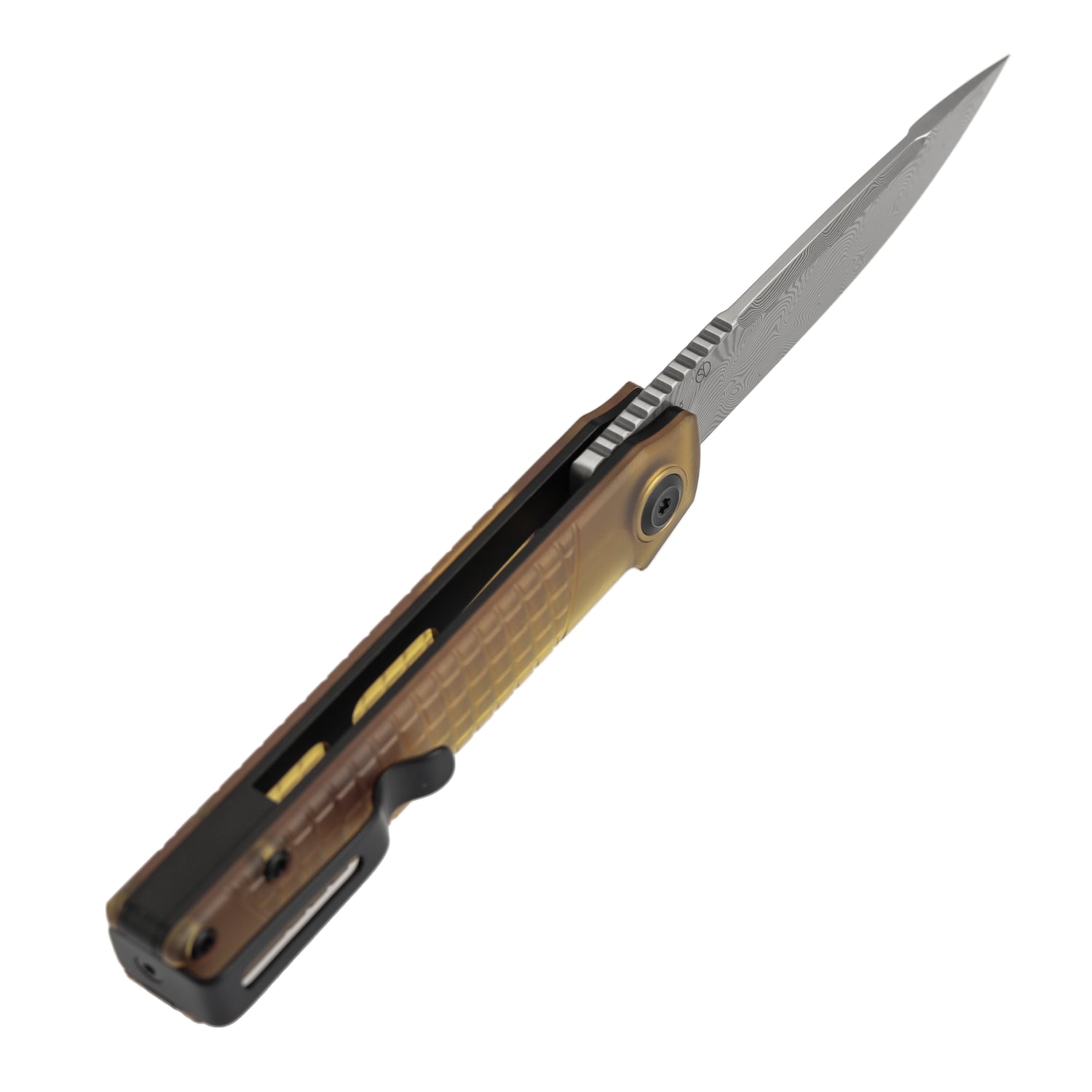 Tenable Kitpu B2123A5 Water Ripple Damascus Blade Amber PEI/Ultem Handle Liner Lock Folding Knife