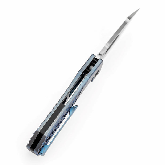 KANSEPT Loki K1058B7 Damascus Blade Blue Anodized Titanium Handle Frame Lock Thumb Hole Knife