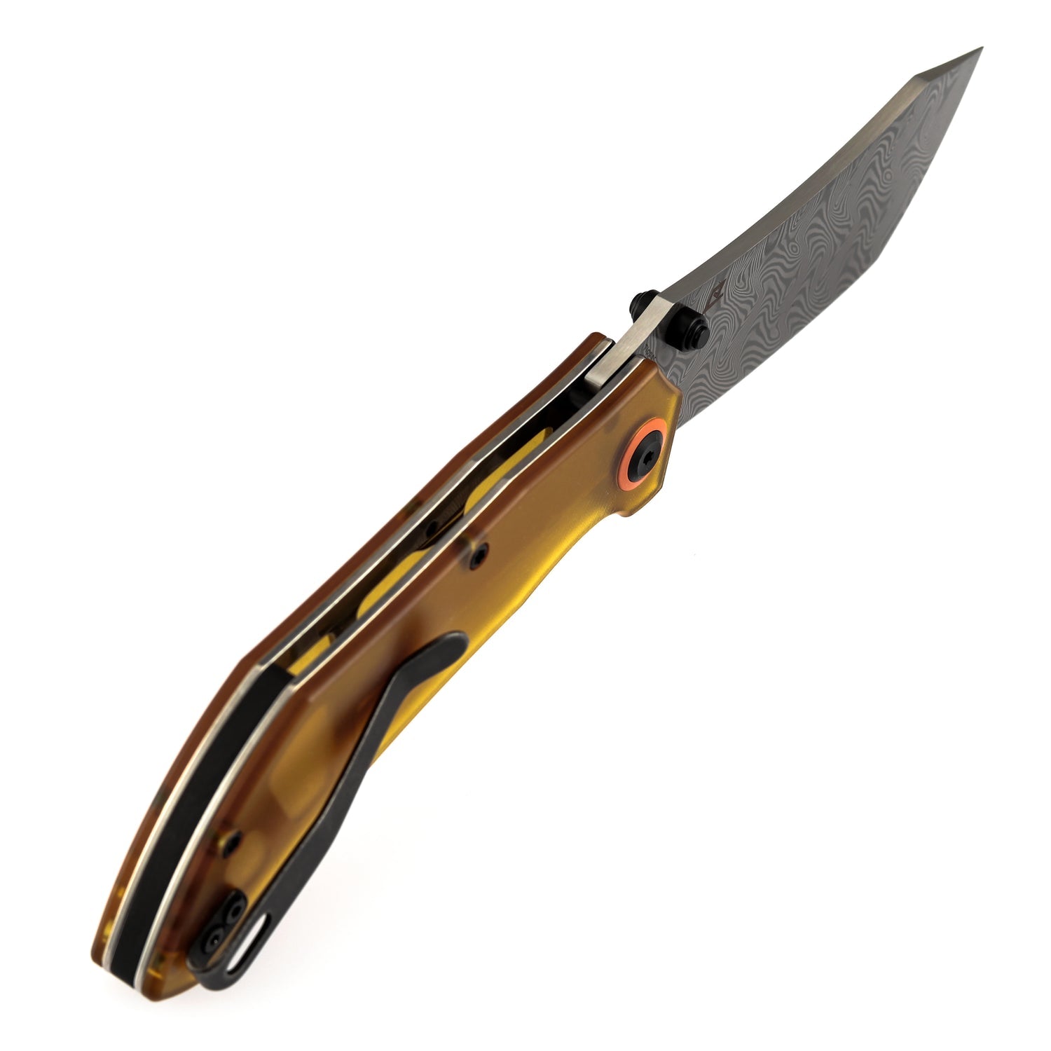 Tenable Tipper B1079A5 Water Ripple Damascus Blade Amber PEI Handle Liner Lock Folding Knife