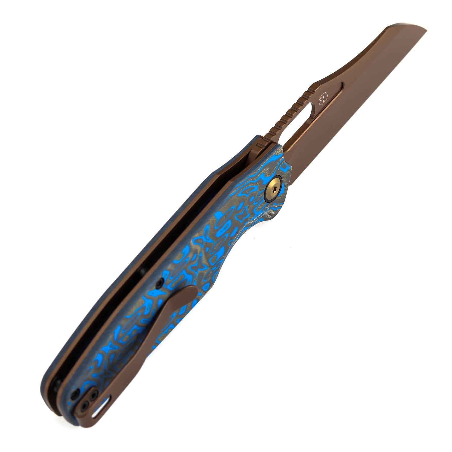 Tenable Tuckamore B1052A3 Rose Gold Nitro-V Blade Blue & Yellow Vortex Micarta Handle Liner Lock Folding Knife