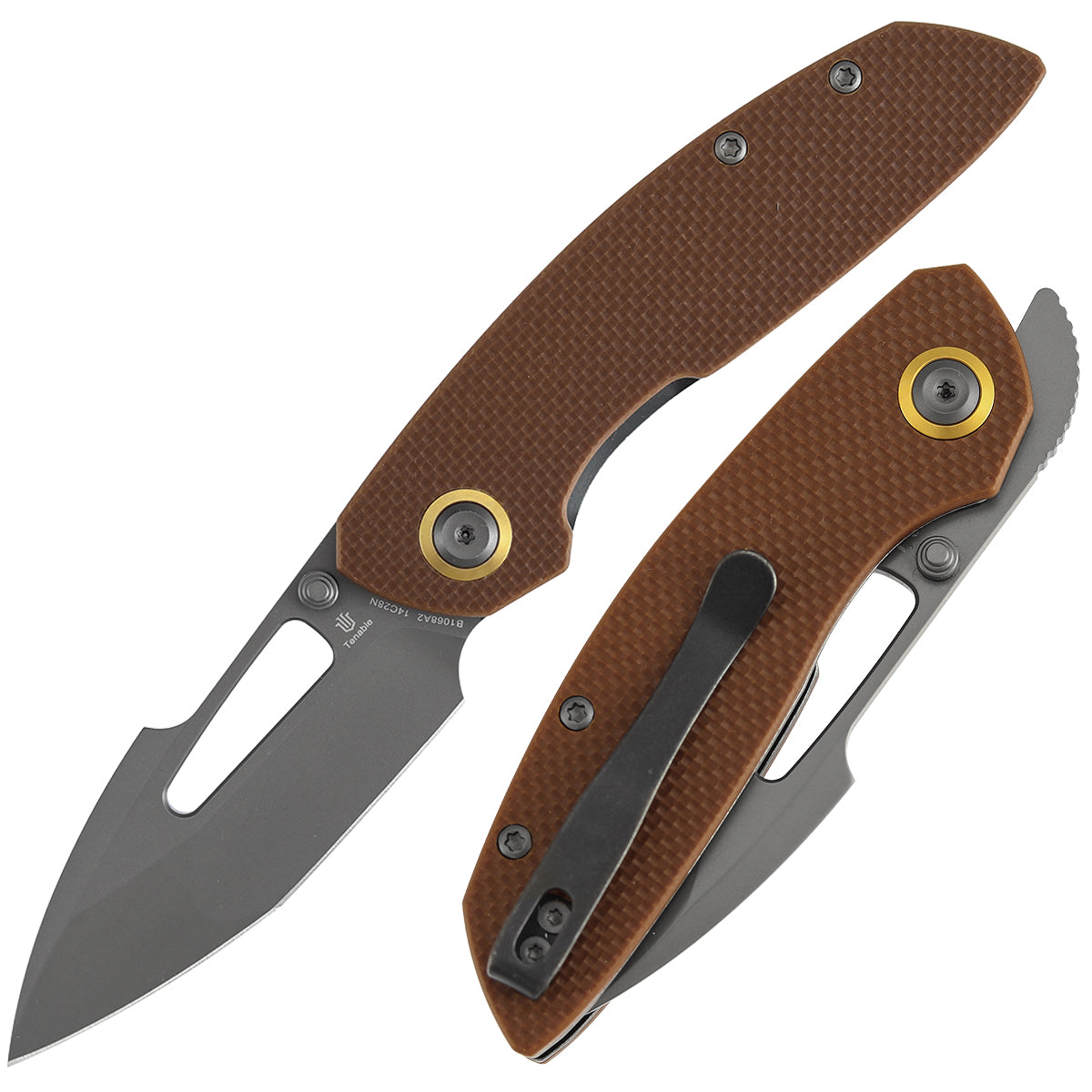 Tenable Link B1068A2 Gray TiCn Coated 14C28N Blade Brown G10 Handle Liner Lock Folding Knife