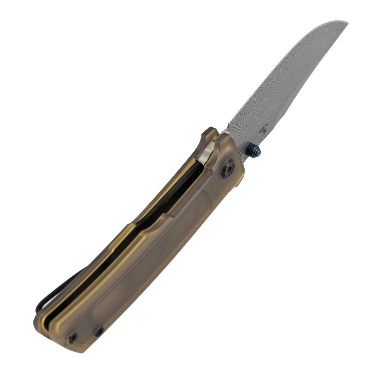 Tenable Bison B2108A5 Water Ripple Damascus Blade Amber PEI/Ultem Handle Liner Lock Folding Knife