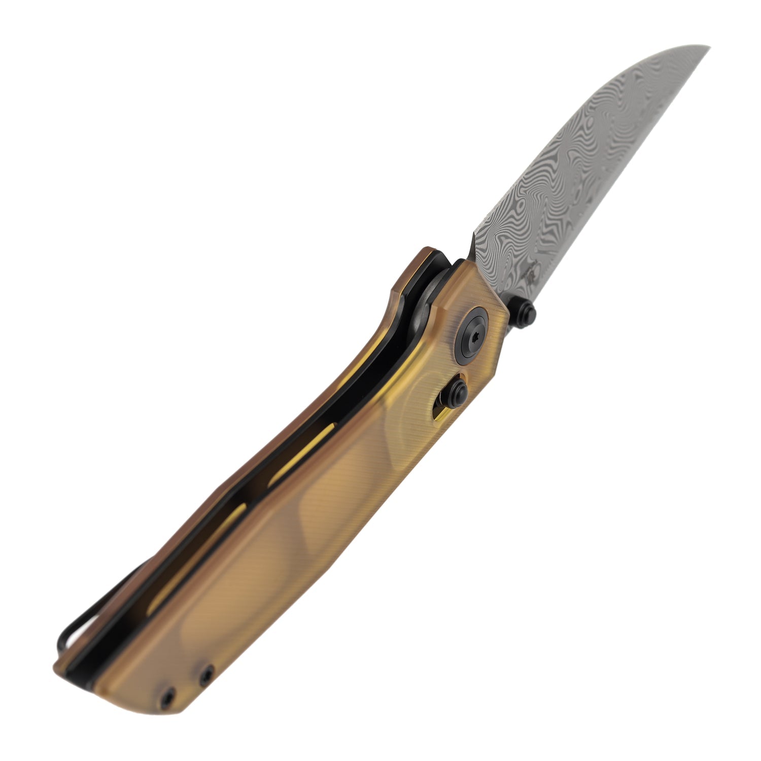 Tenable Deadite B1081V4 Water Ripple Damascus Blade Amber PEI Handle Crossbar Lock Folding Knife