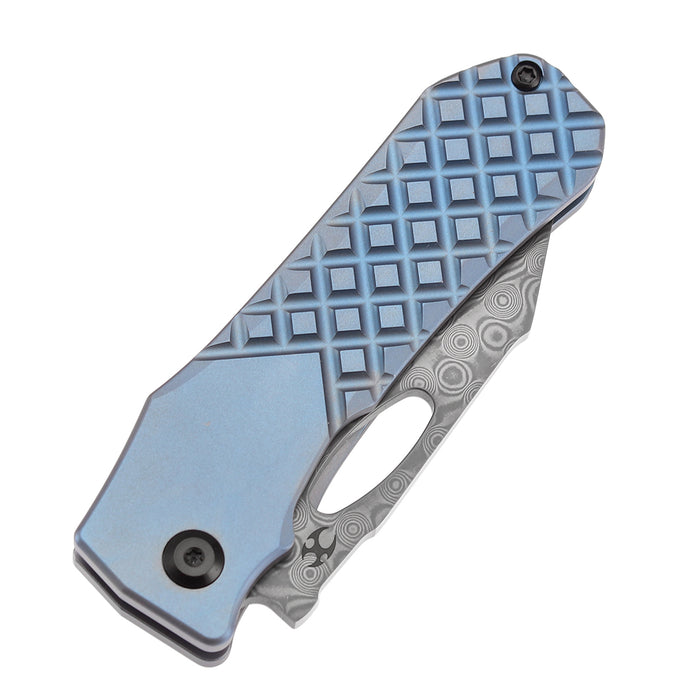 KANSEPT Loki K1058B7 Damascus Blade Blue Anodized Titanium Handle Frame Lock Thumb Hole Knife