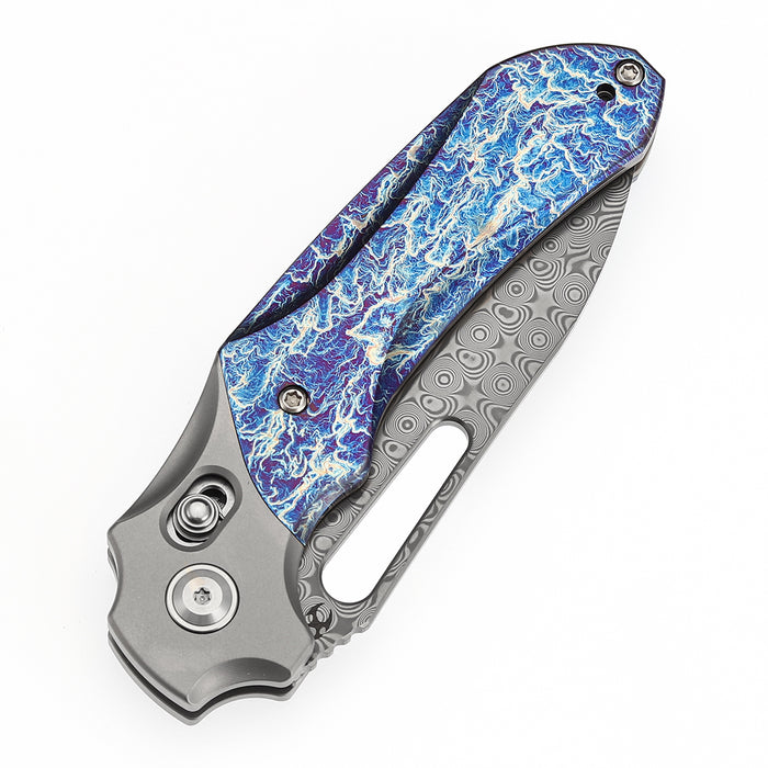 KANSEPT Quasar K1099V3 Damascus Blade Titanium and Titanium Inlay with Lightning Strike Finish Handle Cross Bar Lock