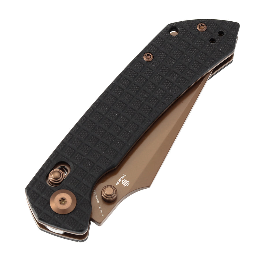 Tenable Knives Fenrir T1034V8 Rose Gold Coated Nitro-V Blade Black G10 Handle Cross Bar Lock
