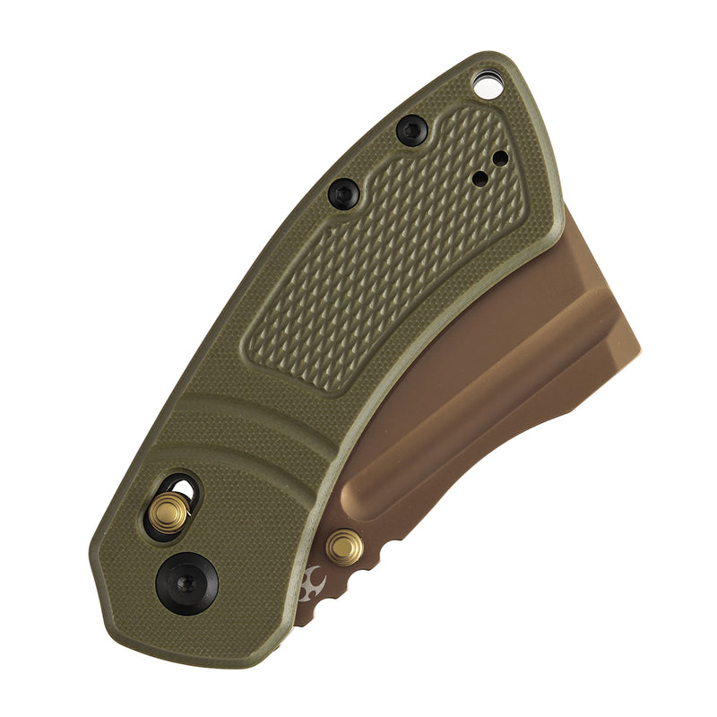 Kansept Korvid V TE2030V2 Rose Gold Coated D2 Blade Olive Green G10 Handle Crossbar Lock Folding Knife