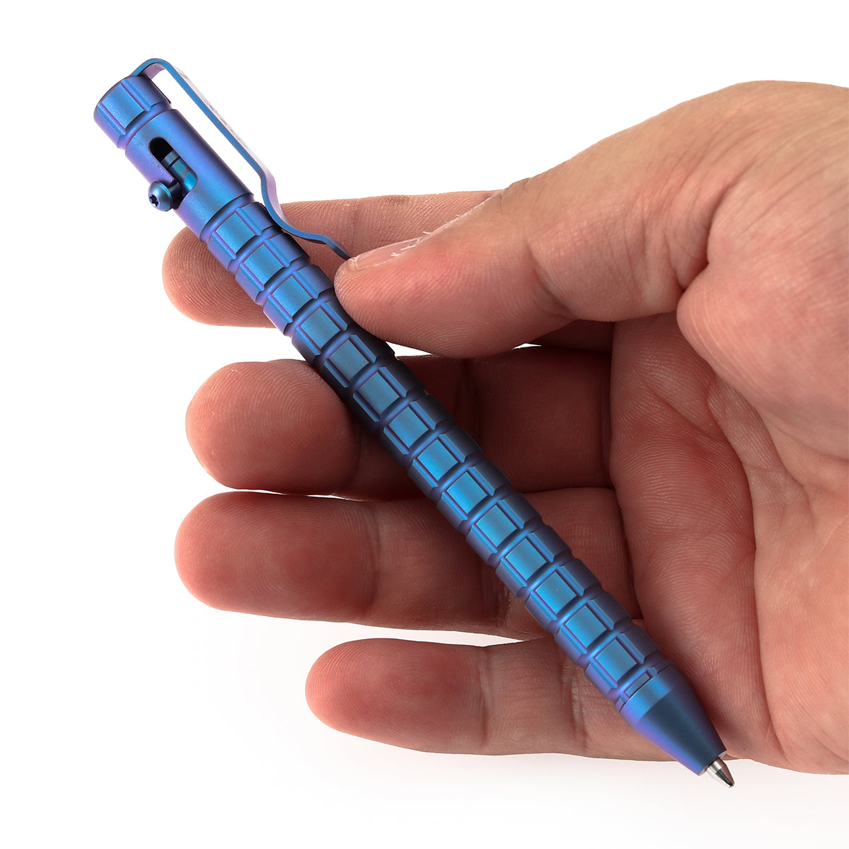 Kansept Titanium EDC Bolt-Action Pen G013H5– Professional Fine Tip Ballpoint Blue Anodized Titanium with Frag Pattern