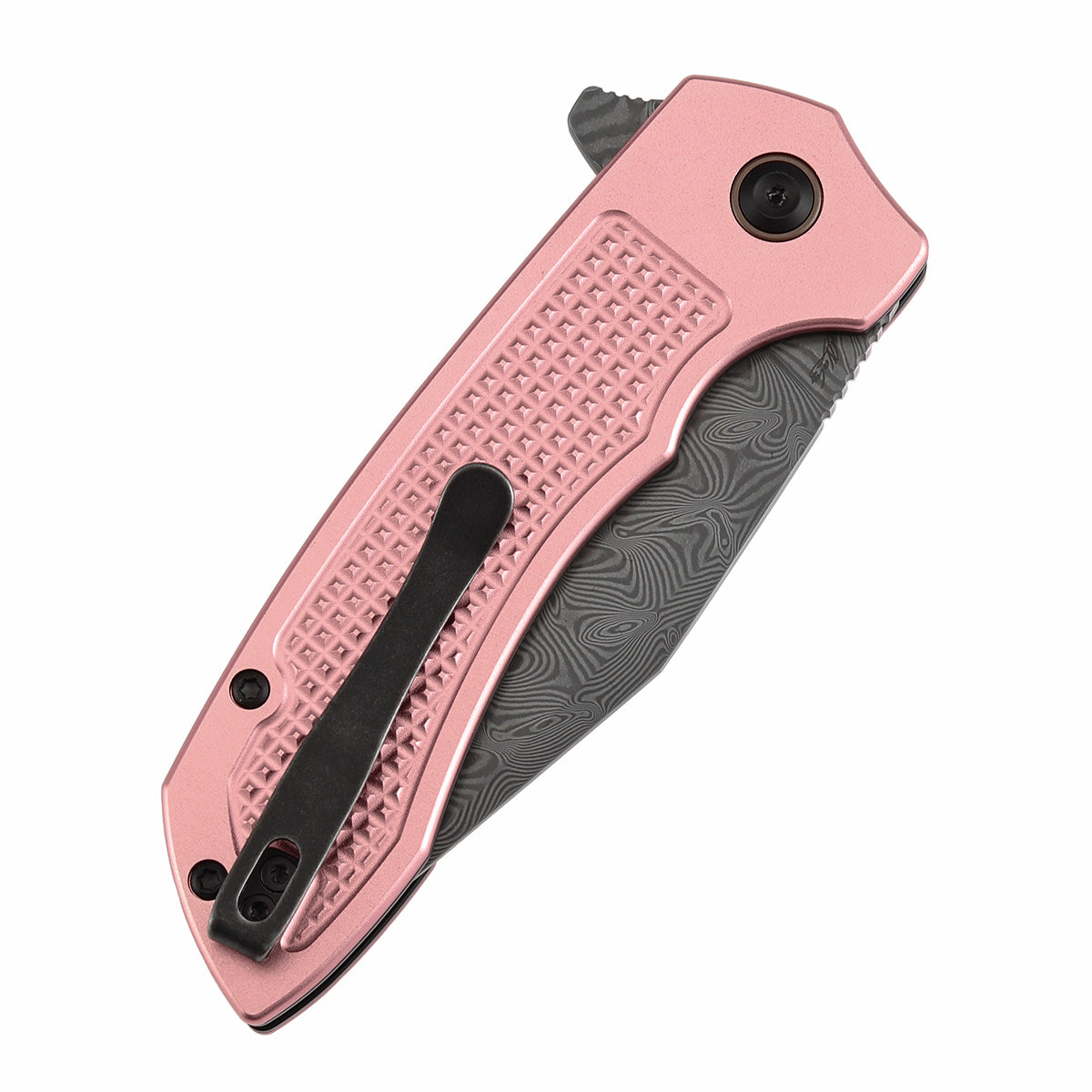 Tenable Entity B1036F4 Water Ripple Damascus Blade Rose Gold Aluminum Handdle Button Lock Folding Knife