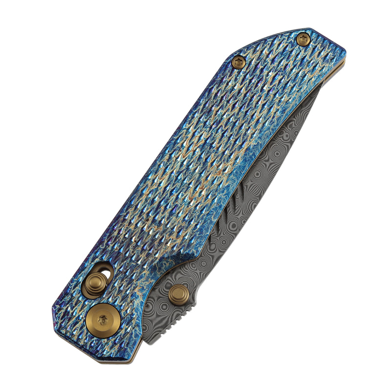 Kansept Eaglestrike K1095V5 Damascus Blade Titanium Handle Crossbar Lock Folding Knife