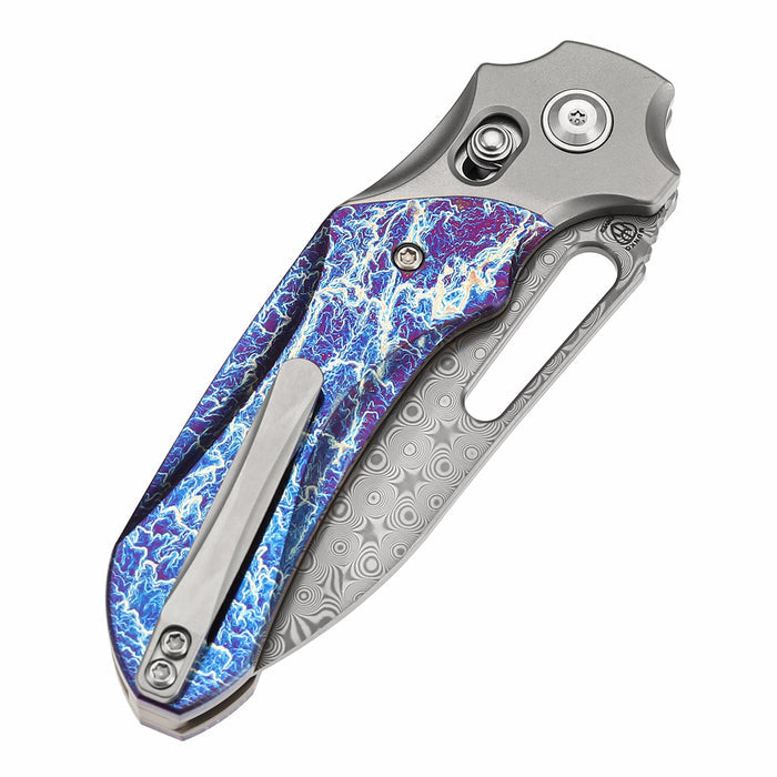 KANSEPT Quasar K1099V3 Damascus Blade Titanium and Titanium Inlay with Lightning Strike Finish Handle Cross Bar Lock