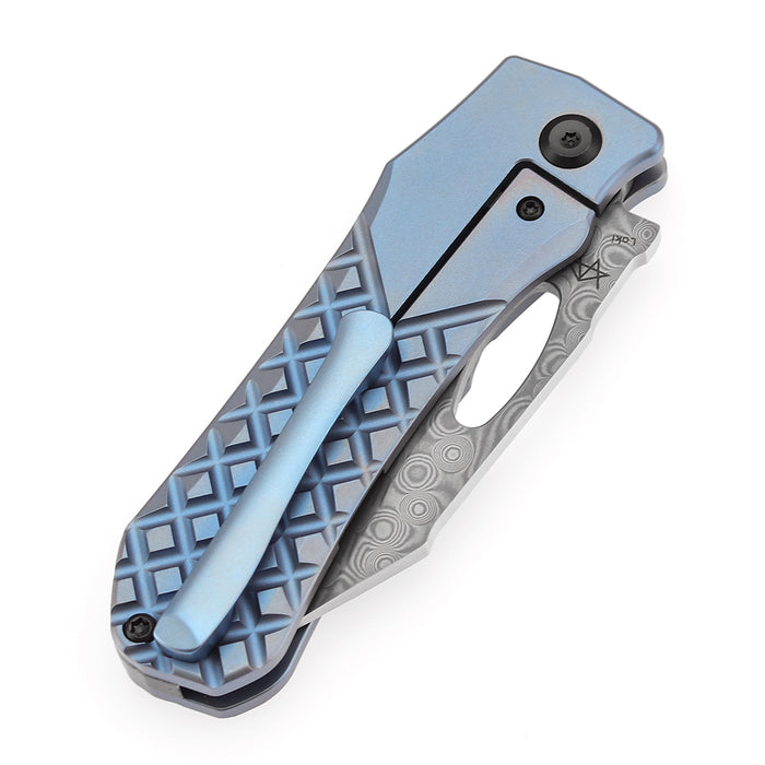 KANSEPT Loki K1058B7 Damascus Blade Blue Anodized Titanium Handle Frame Lock Thumb Hole Knife