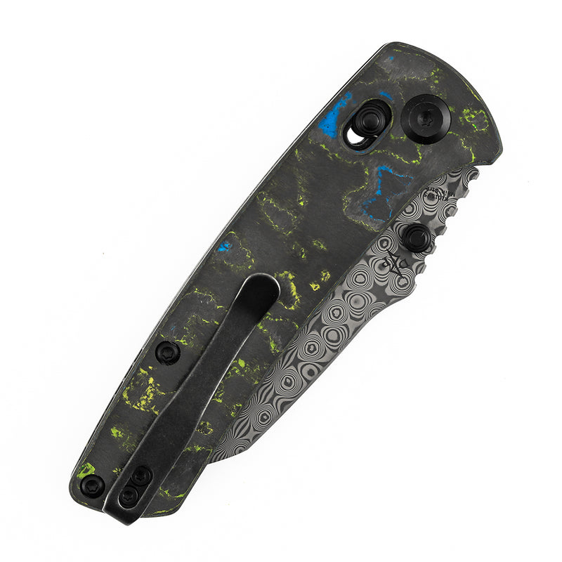 Navaja plegable Kansept Main Street K1015V5 con hoja de Damasco, mango de carbono Gecko Camo y bloqueo Crossbar