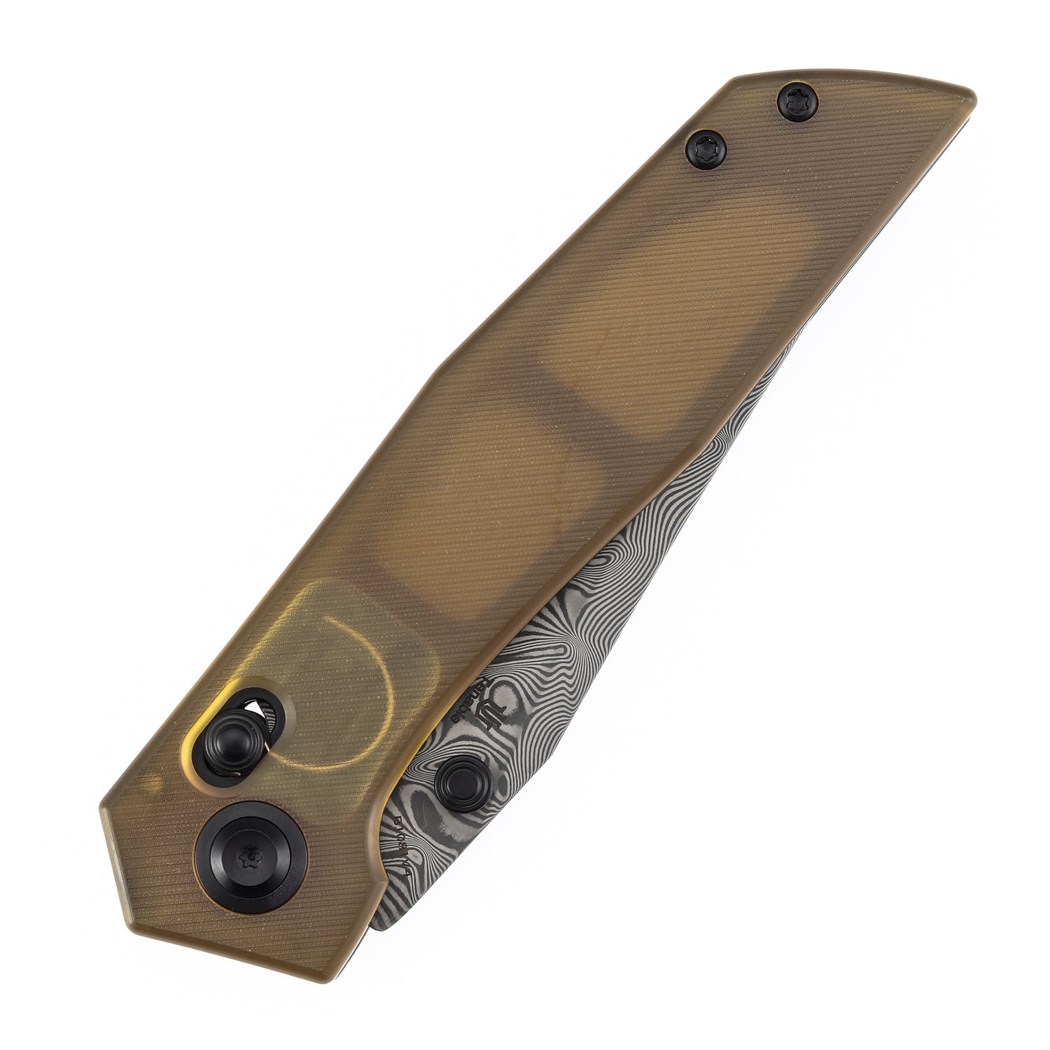 Tenable Deadite B1081V4 Water Ripple Damascus Blade Amber PEI Handle Crossbar Lock Folding Knife