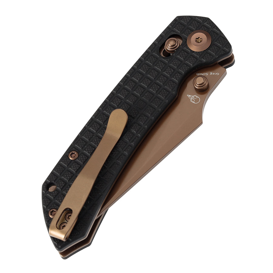 Tenable Knives Fenrir T1034V8 Rose Gold Coated Nitro-V Blade Black G10 Handle Cross Bar Lock