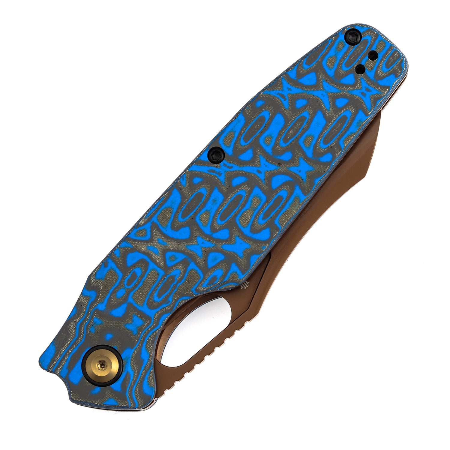 Tenable Tuckamore B1052A3 Rose Gold Nitro-V Blade Blue & Yellow Vortex Micarta Handle Liner Lock Folding Knife