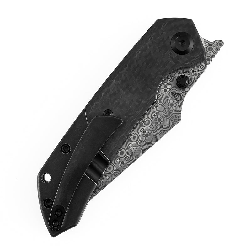 Kansept Fenrir K1034D1 Damascus Blade Blackwash Titanium & Twill Carbon Fiber with G10 Handle Liner Lock Folding Knife