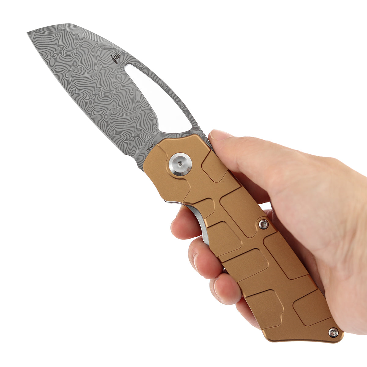 Tenable Goblin L B3016A2 Water Ripple Damascus Blade Bronze Anodized Aluminum Handle Liner Lock Folding Knife