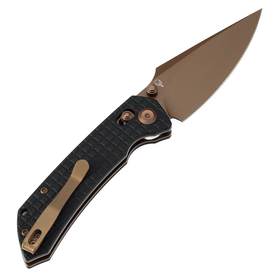 Tenable Knives Fenrir T1034V8 Rose Gold Coated Nitro-V Blade Black G10 Handle Cross Bar Lock