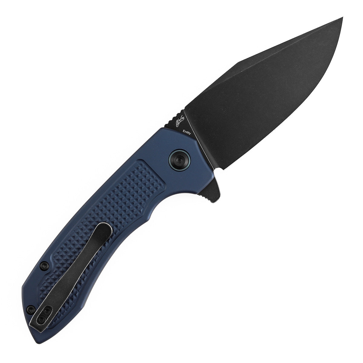 Tenable Entity B1036F5 Blackwash 14C28N Blade Blue Aluminum Handdle Button Lock Folding Knife