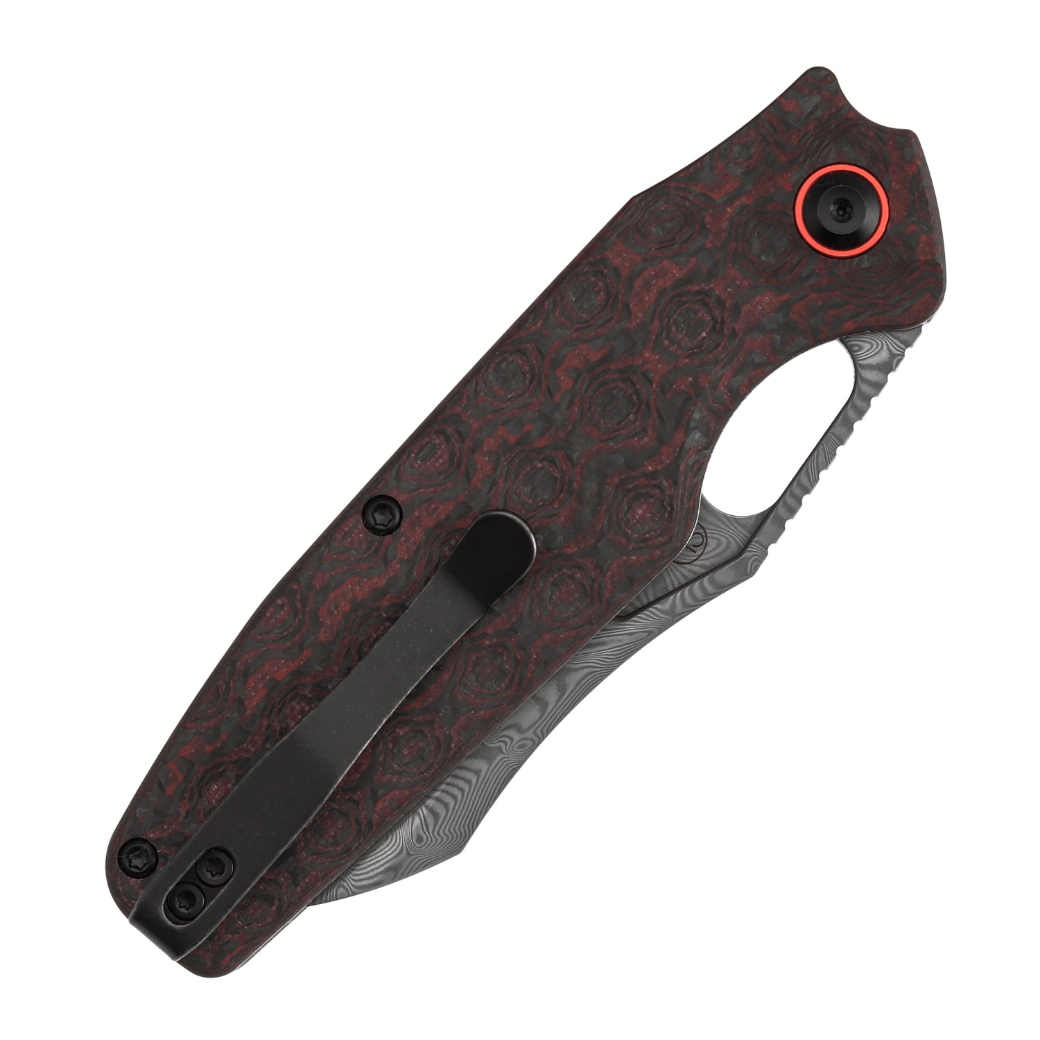 Tenable Tuckamore B1052A4 Water Ripple Damascus Blade Red & Black Rose Pattern Carbon Fiber Handle Liner Lock Folding Knife