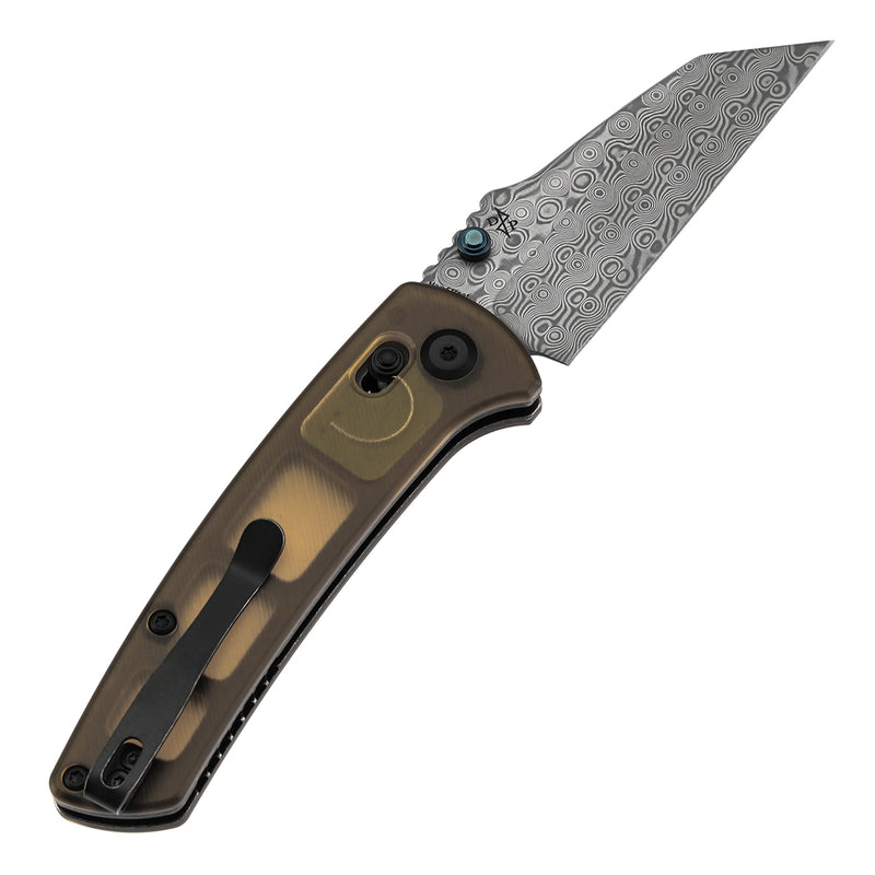 Kansept Main Street T1015V12 Damascus Blade Amber PEI/Ultem Handle Crossbar Lock Folding Knives