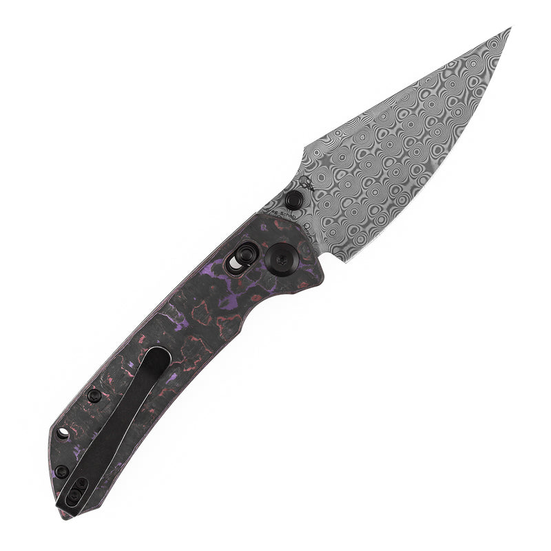 Kansept Fenrir K1034V9 Damascus Blade Purple Haze Fatcarbon Crossbar Lock Folding Knife