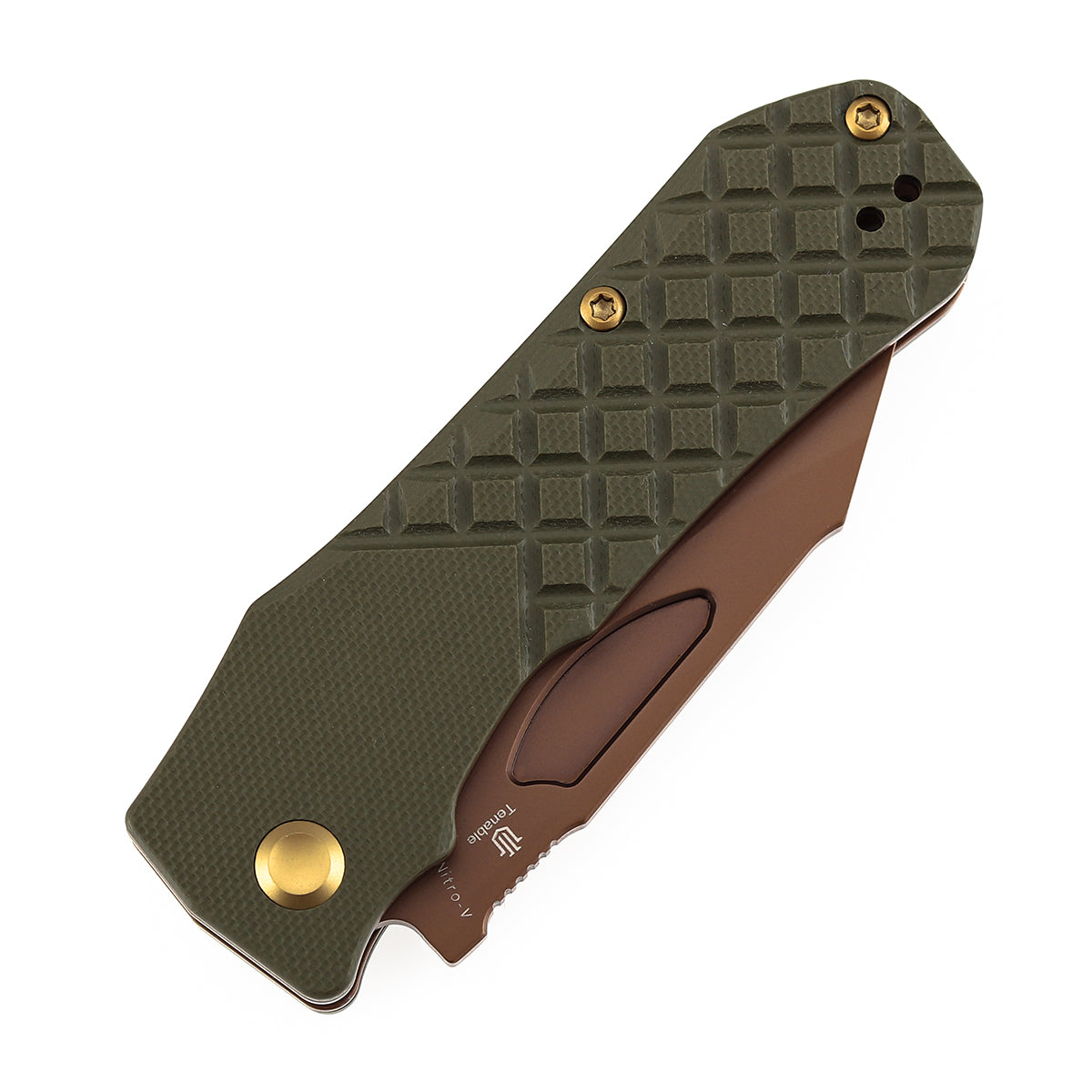 Tenable Loki B1058A4 Rose Gold Nitro-V Blade Olive Green G10 Handle Liner Lock Folding Knife