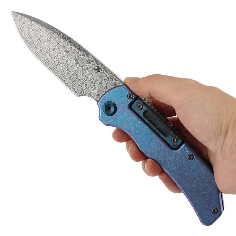 Kansept Hazard K1104H5 Damascus Blade Titanium & Fatcarbon Handle Bali Lock Folding Knife