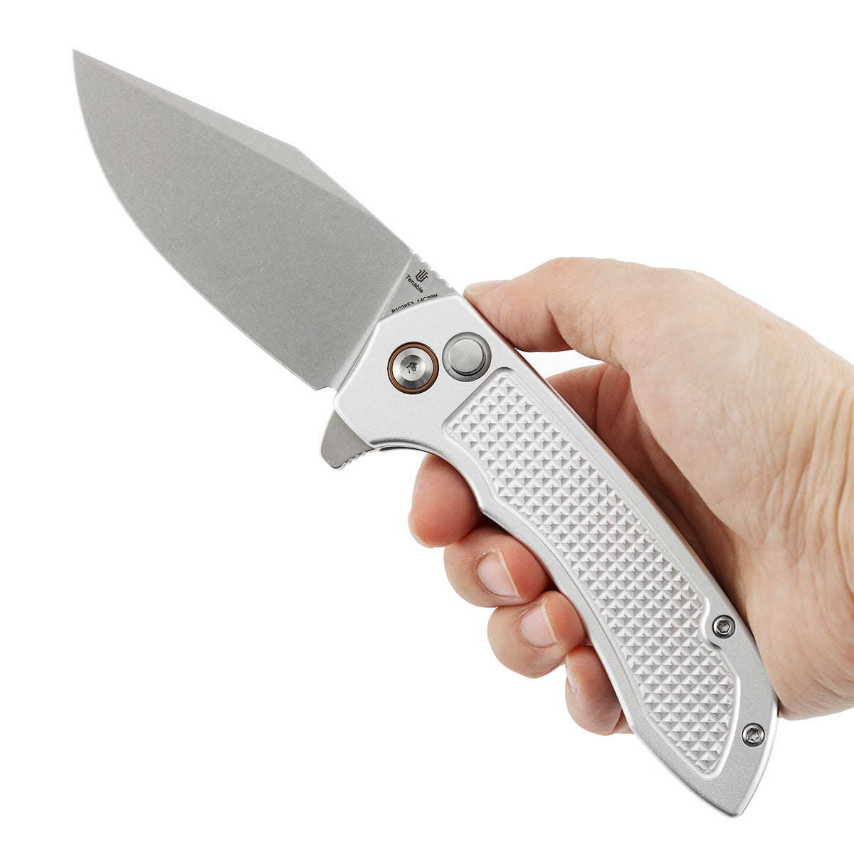 Tenable Entity B1036F3 Stonewashed 14C28N Blade Silver Aluminum Handdle Button Lock Folding Knife