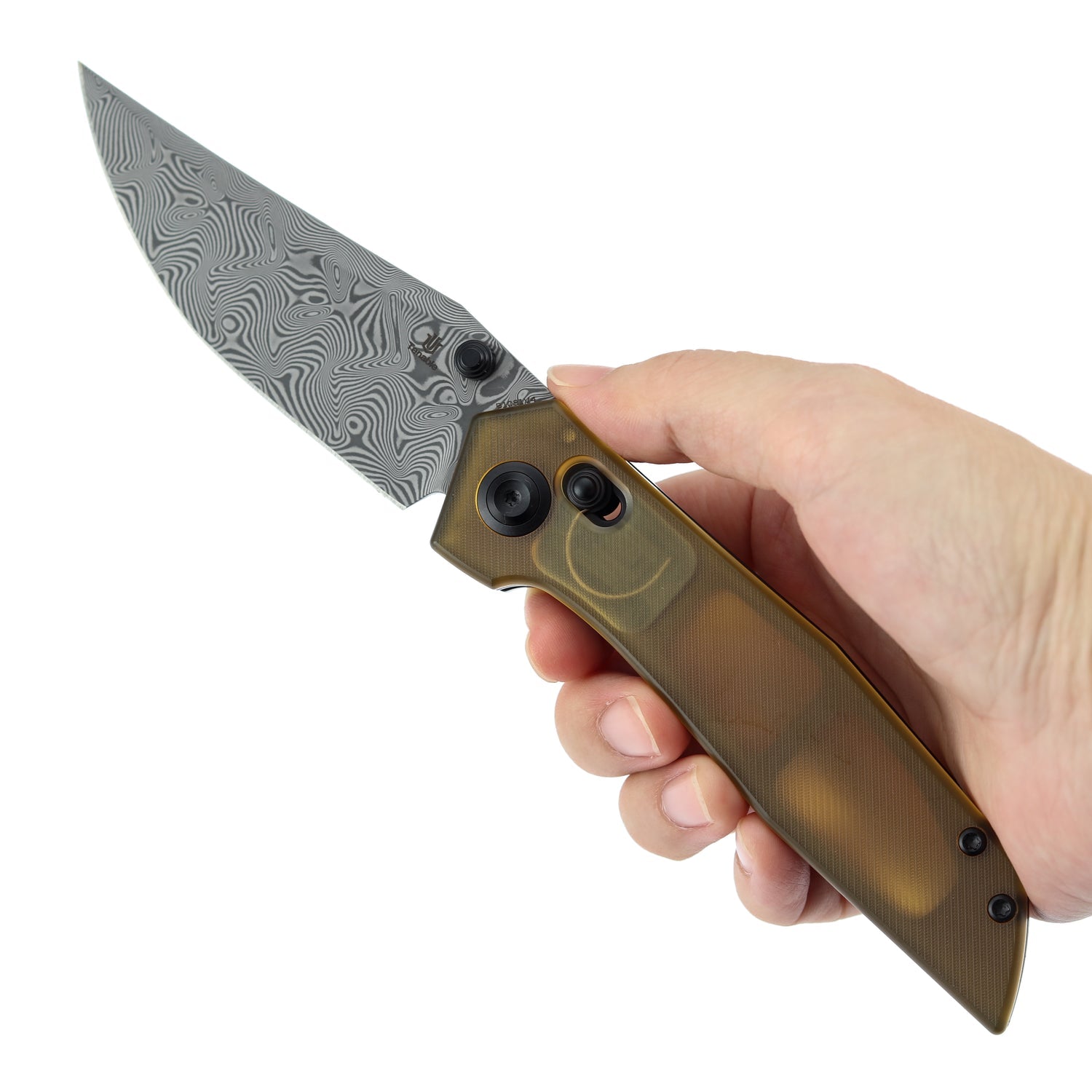 Tenable Deadite B1081V4 Water Ripple Damascus Blade Amber PEI Handle Crossbar Lock Folding Knife