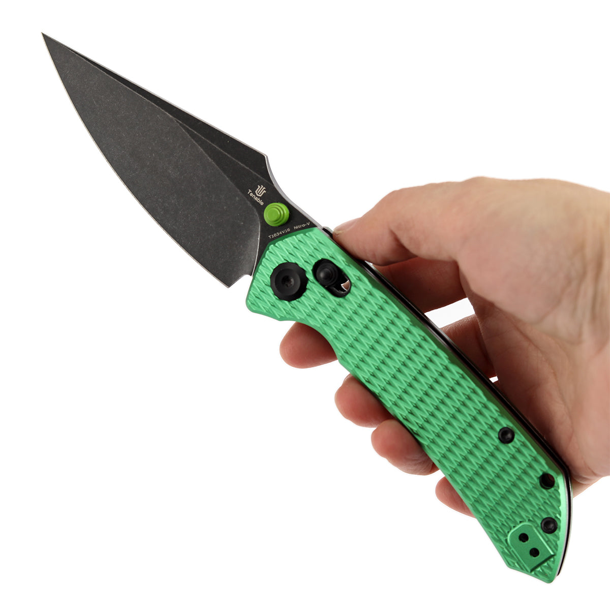 Tenable Fenrir T1034V16 Blackwash Nitro-V Blade Green Anodized Aluminum Handle Crossbar Lock Folding Knife