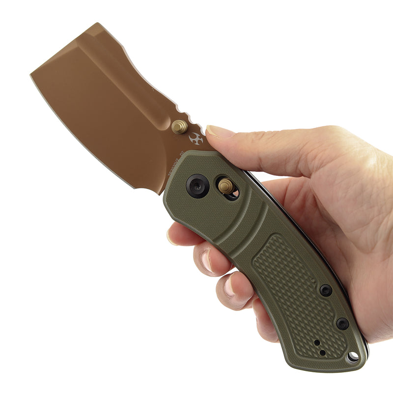 Kansept Korvid V TE2030V2 Rose Gold Coated D2 Blade Olive Green G10 Handle Crossbar Lock Folding Knife
