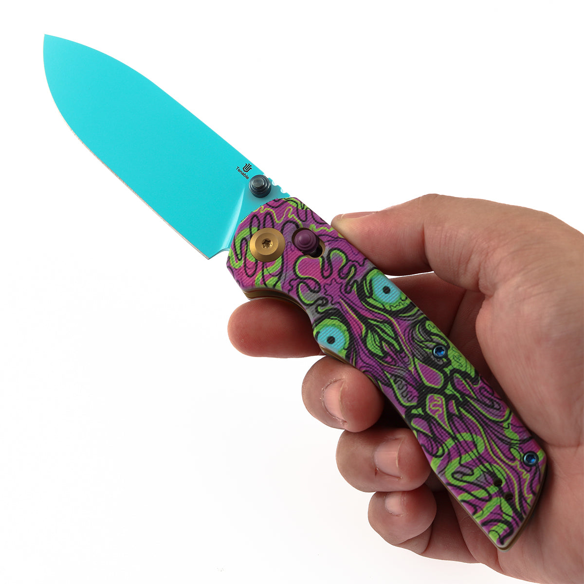 Tenable Kryo T1001V9 Blue Coated 14C28N Blade Jade G10 with Purple Undead Print Handle Crossbar Lock Flding Knife