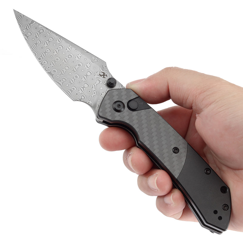 Kansept Fenrir K1034S6 Damascus Blade Carbon Fiber+Aluminium Handle Button Lock Folding Knife
