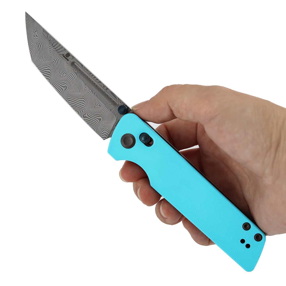 Tenable Anomaly B2038V3 Damascus Blade Blue G10 Handle Crossbar Lock Folding Knife