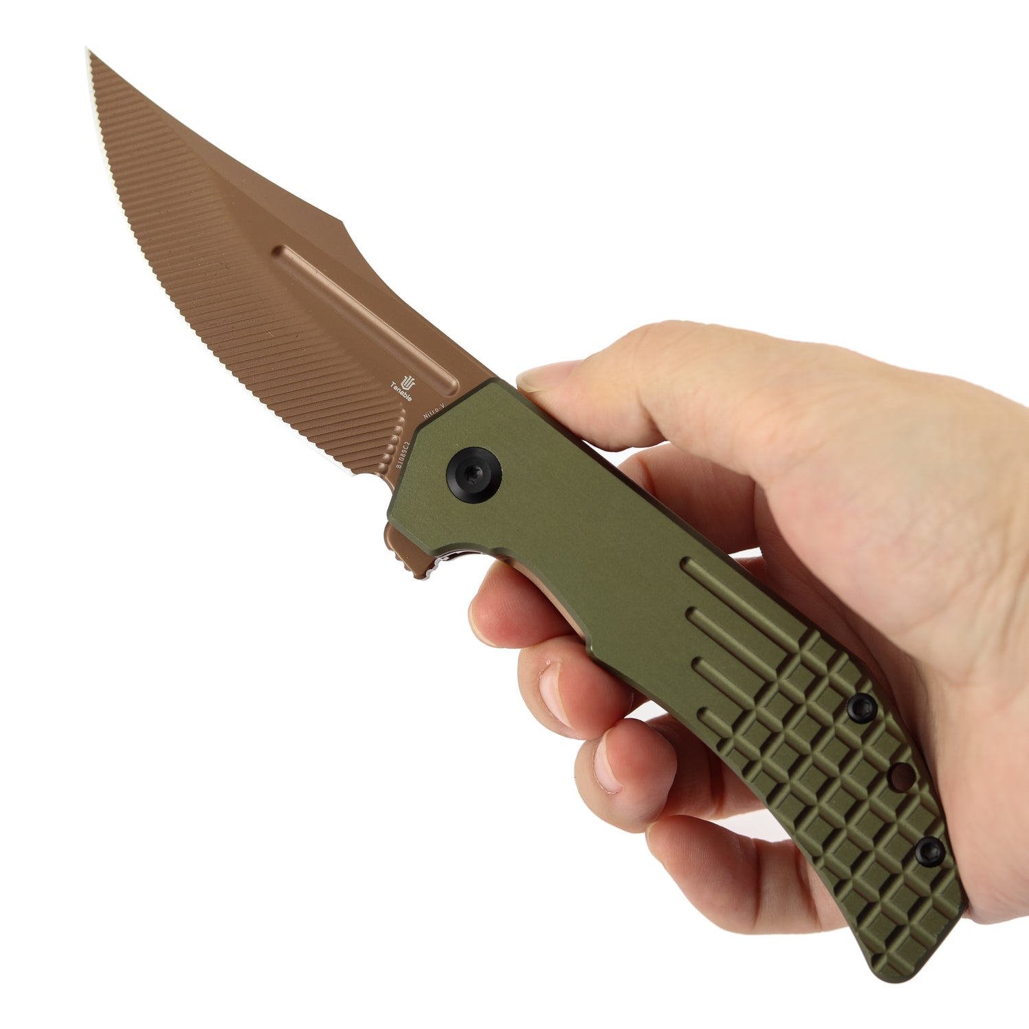 Tenable Orion B1089C2 Rose Gold Nitro-V Blade Blue Aluminum Handle Liner Lock Folding Knife