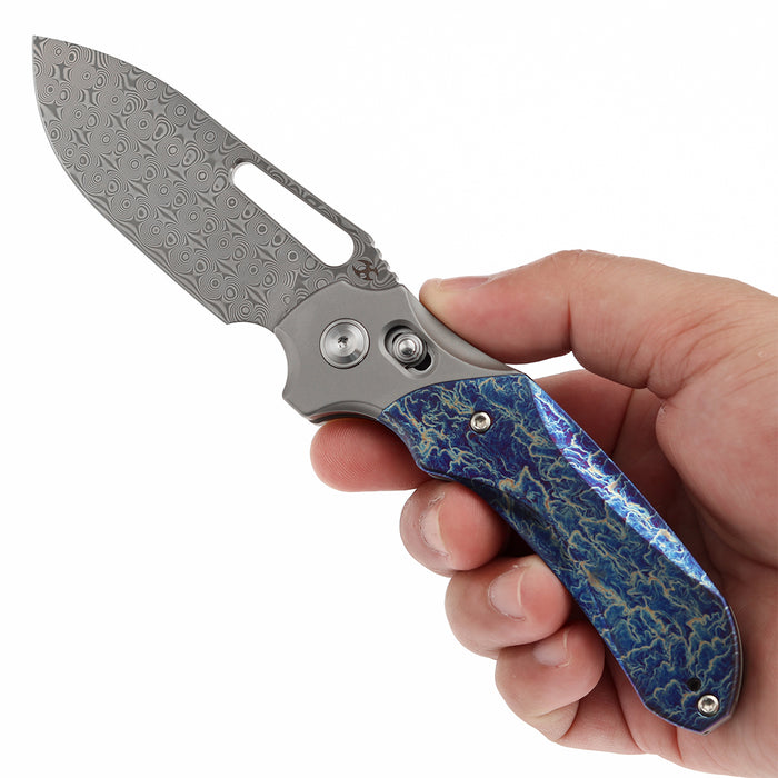 KANSEPT Quasar K1099V3 Damascus Blade Titanium and Titanium Inlay with Lightning Strike Finish Handle Cross Bar Lock