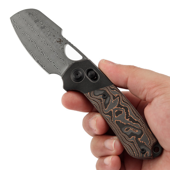 Kansept Nahual K2125V3 Hoja de Damasco de Titanio Lavado a la Piedra, Mango de Fibra de Carbono Cobre, Bloqueo de Barra Transversal