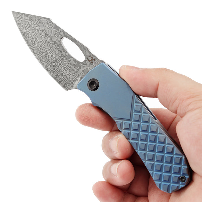 KANSEPT Loki K1058B7 Damascus Blade Blue Anodized Titanium Handle Frame Lock Thumb Hole Knife