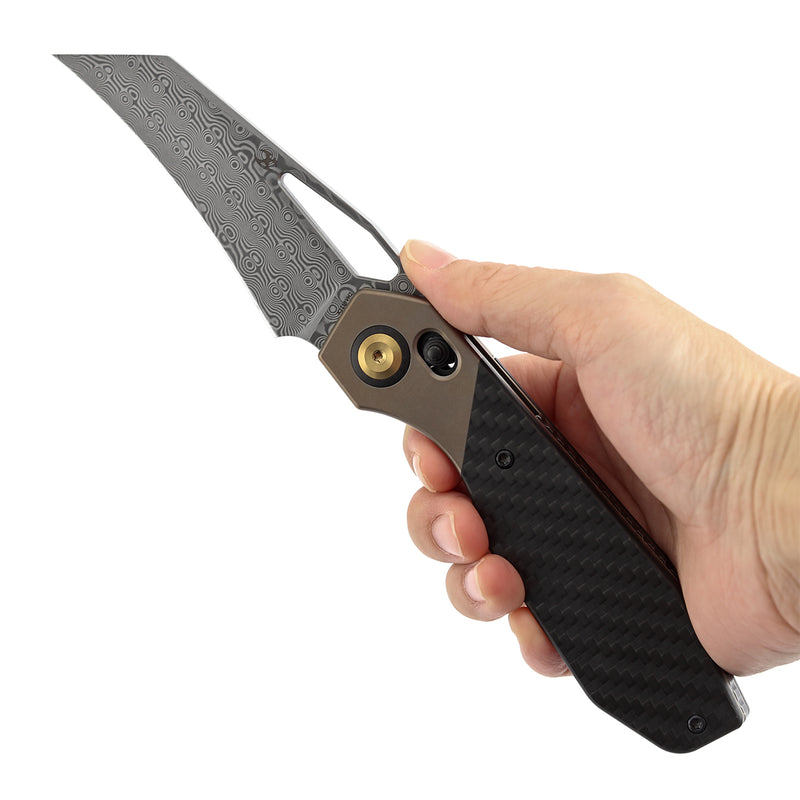 Kansept QTRO K1118VH2 Damascus Blade Titanium And Carbon Fiber And G10 Handle Crossbar Lock Folding Knife