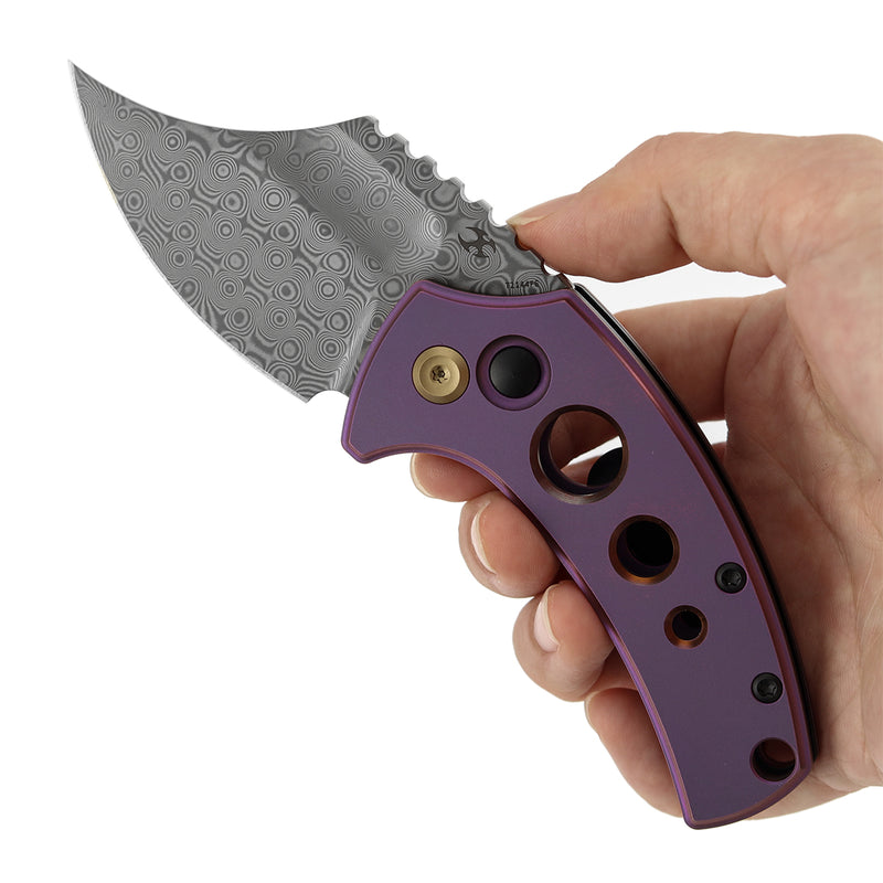 Kansept Wasp T2144F6 Acid Etched Damascus Blade Purple Anodized Titanium Handle Button Lock Folding Knife