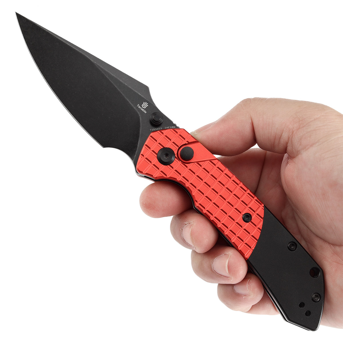 Tenable Fenrir T1034S3 Blackwash 14C28N Blade Dark Red Aluminum Handle Button Lock Folding Knife