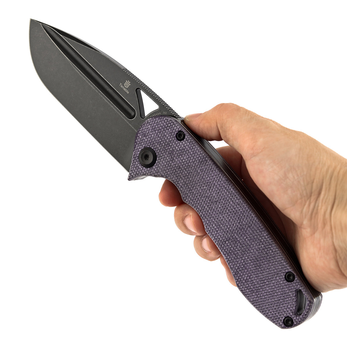 Tenable Bömbur T1054A6 Blackwashed D2 Blade Purple Micarta Handle Liner Lock Folding Knife